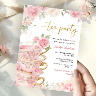 Tea Party Baby Shower Girl Pink & Gold Floral Invitation