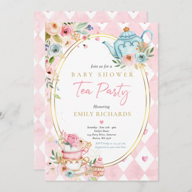 Tea Party Baby Shower Girl Pink Roses Baby Brewing Invitation (Front/Back)