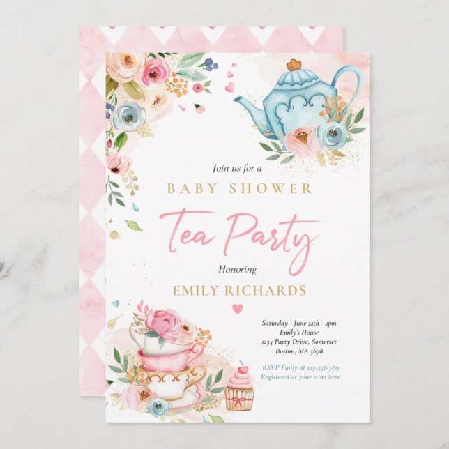 Tea Party Baby Shower Girl Pink Roses Baby Brewing Invitation (Front/Back)