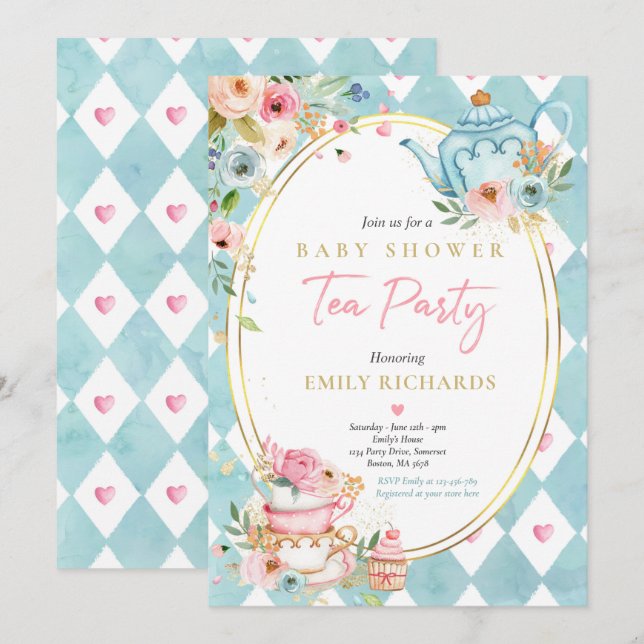 Tea Party Baby Shower Girl Pink Roses Baby Brewing Invitation (Front/Back)