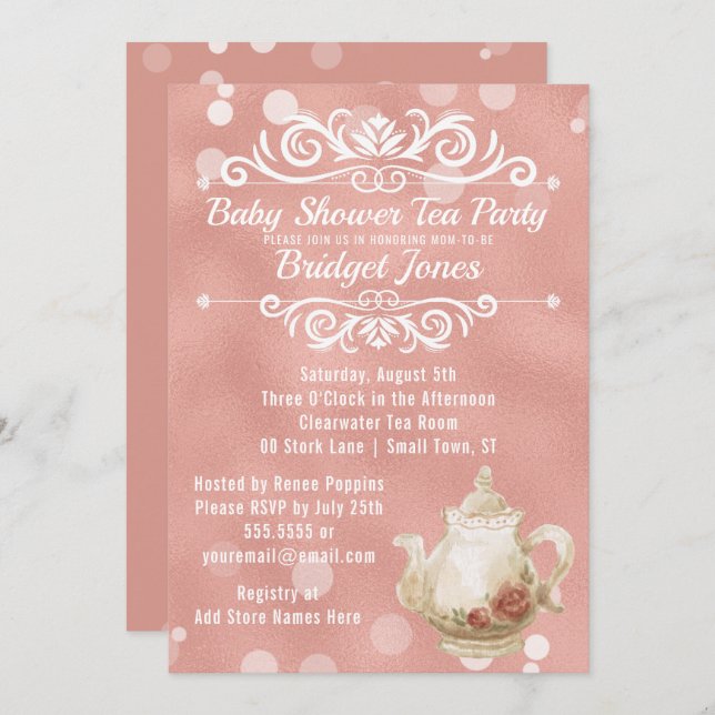 Tea Party Baby Shower Invitation Rose Gold (Front/Back)