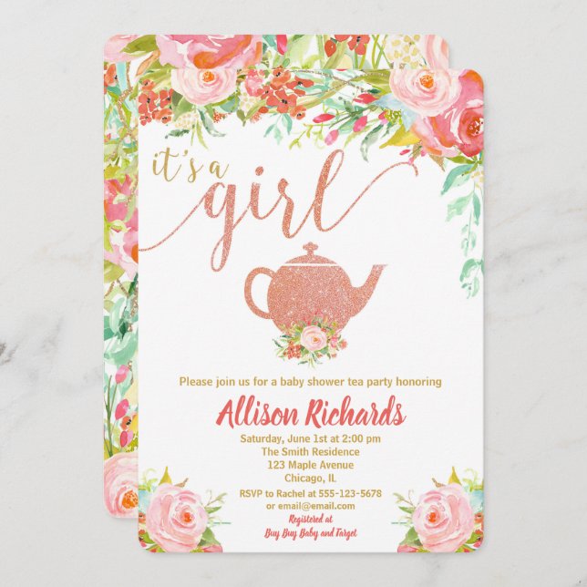 Tea party baby shower invitation rose gold (Front/Back)