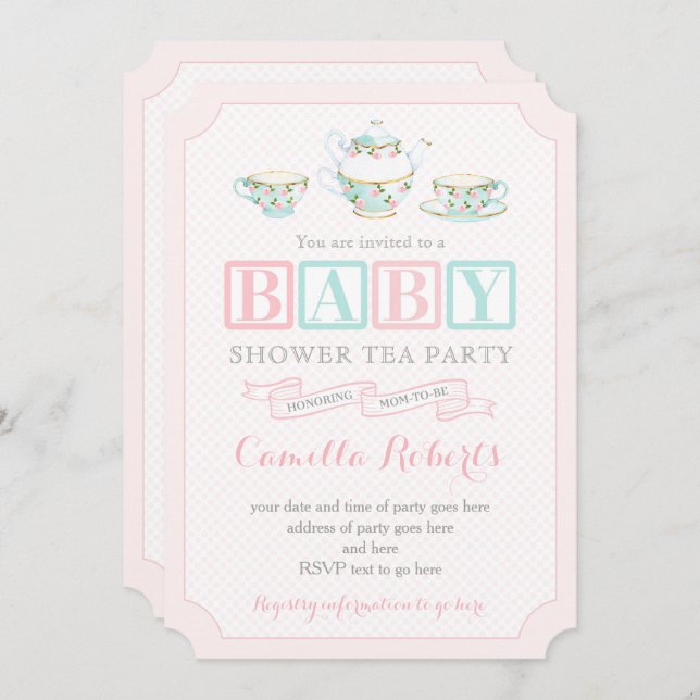 Tea Party Baby Shower Invitations for baby girl (Front/Back)