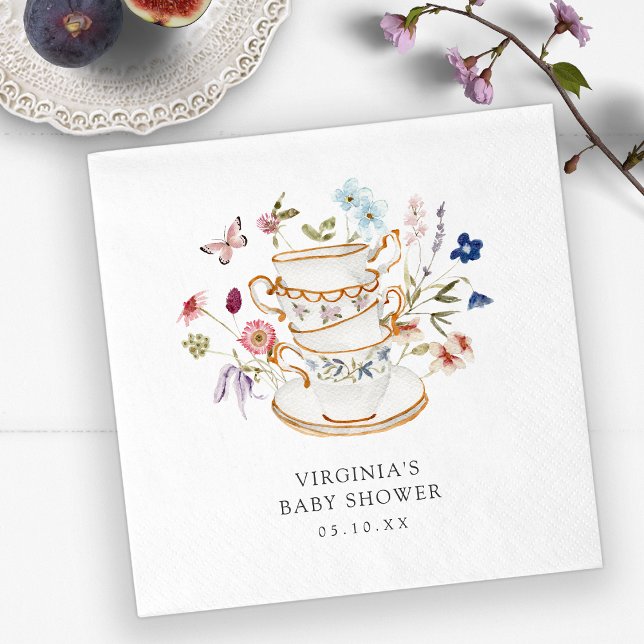 Tea Party Baby Shower Paper Napkin (Wildflower Butterfly Tea Party Decor Baby Shower Paper Napkin by Painted Paperie
)