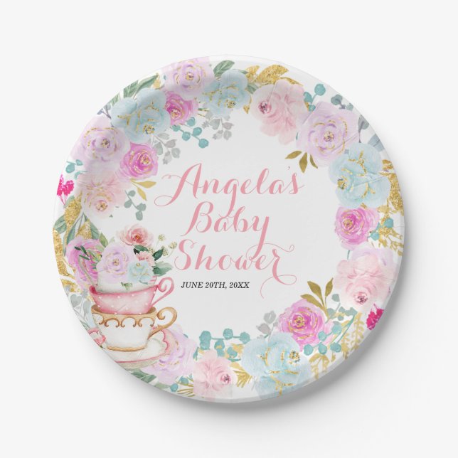 Tea Party Baby Shower Pastel Flowers Paper Plate (Front)