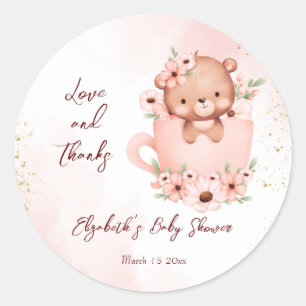 Tea party baby shower pink teddy in a cup classic round sticker