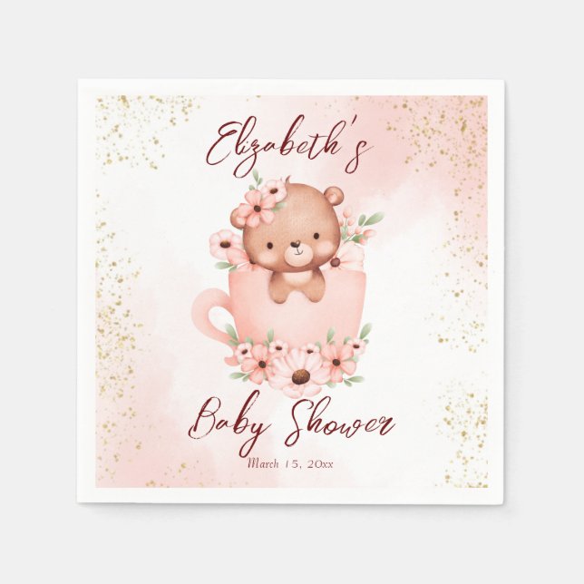 Tea party baby shower pink teddy in a cup custom napkin (Front)