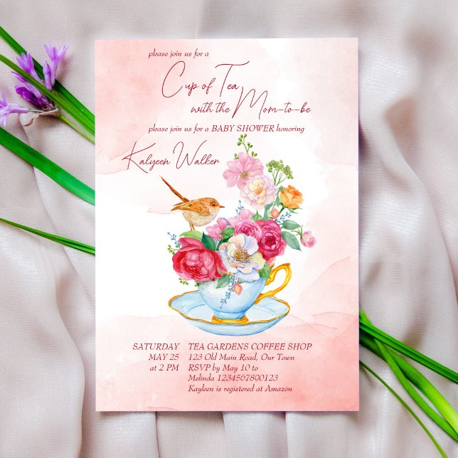 Tea party baby shower tea cup with flowers pink invitation (Creator Uploaded)