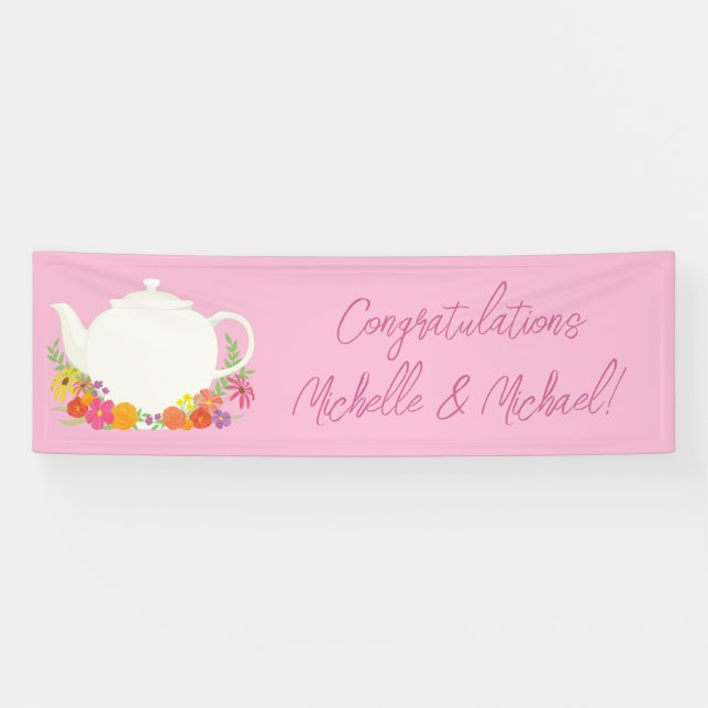 Tea Party Baby Shower Teapot Pink Girl Banner (Horizontal)