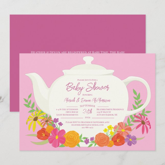 Tea Party Baby Shower teapot Pink Girl Invitation (Front/Back)
