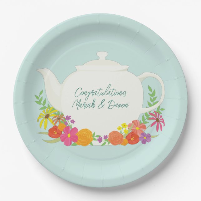 Tea Party Baby Shower Teapot Spring Floral Paper Plate (Front)