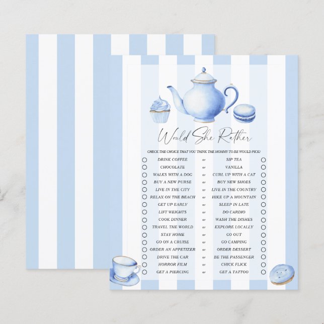Tea party baby shower Would She Rather game (Front/Back)