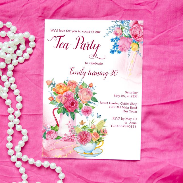 Tea party birthday cup filled with magenta flowers invitation (Creator Uploaded)