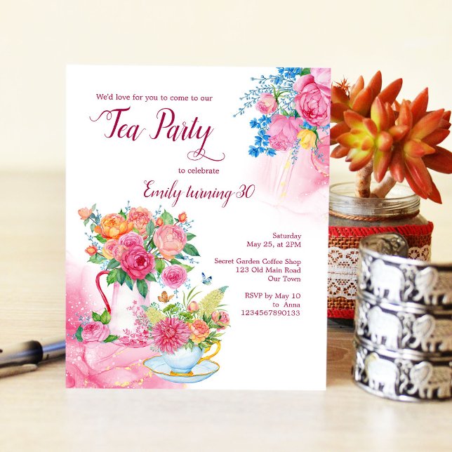 Tea party birthday cup flowers budget invitation (Creator Uploaded)