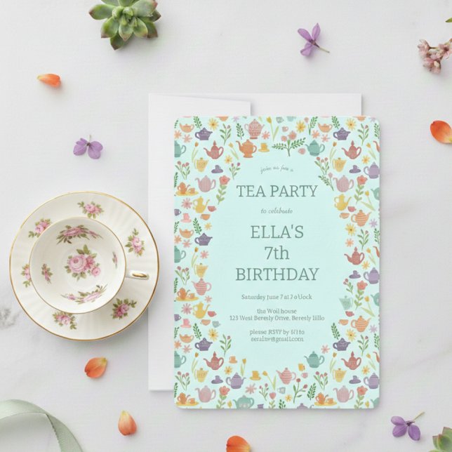 Tea Party Birthday Cute Custom Colourful Floral  Invitation (Tea Party Birthday Cute Custom Colorful Floral Invitation
)