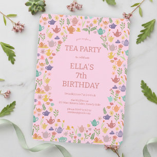 Tea Party Birthday Cute Custom Colourful Floral Invitation