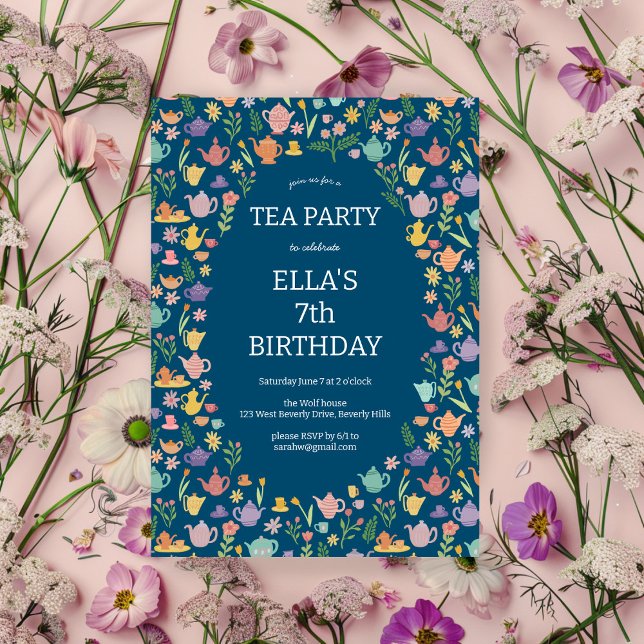 Tea Party Birthday Cute Custom Colourful Floral Invitation (Tea Party Birthday Cute Custom Colorful Floral Invitation
)