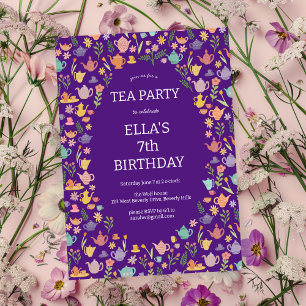 Tea Party Birthday Cute Custom Colourful Floral  Invitation