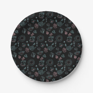 Tea Party Birthday Doodles Black Paper Plate