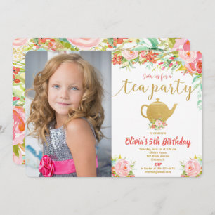 Tea party birthday floral watercolor pink gold invitation