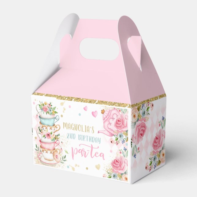 Tea Party Birthday Girl Pink & Gold Floral Par-tea Favour Box (Front Side)