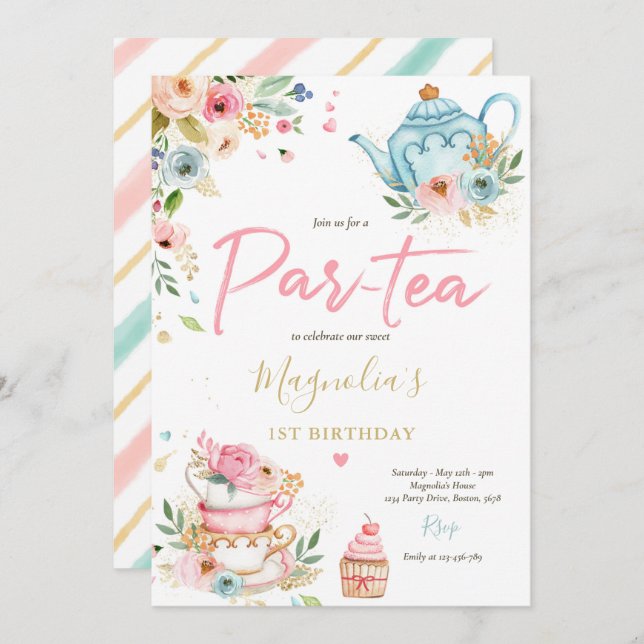 Tea Party Birthday Girl Pink & Gold Floral Par-tea Invitation (Front/Back)