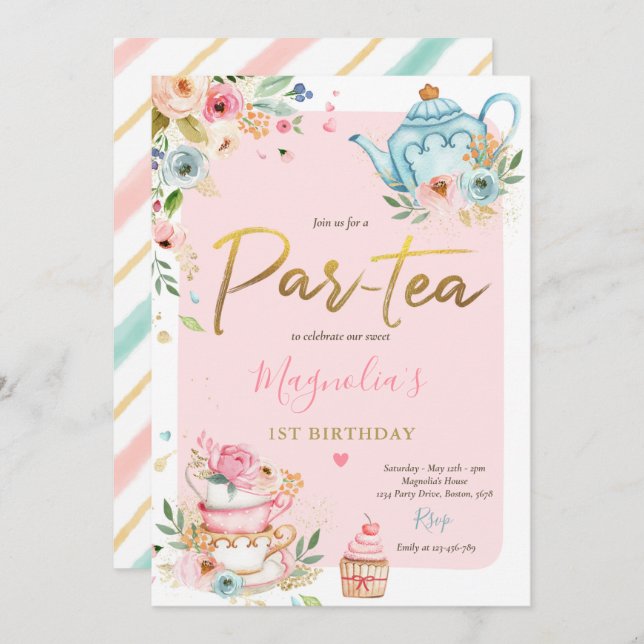 Tea Party Birthday Girl Pink & Gold Floral Par-tea Invitation (Front/Back)