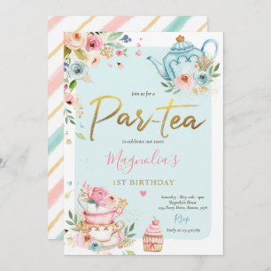 Tea Party Birthday Girl Pink & Gold Floral Par-tea Invitation