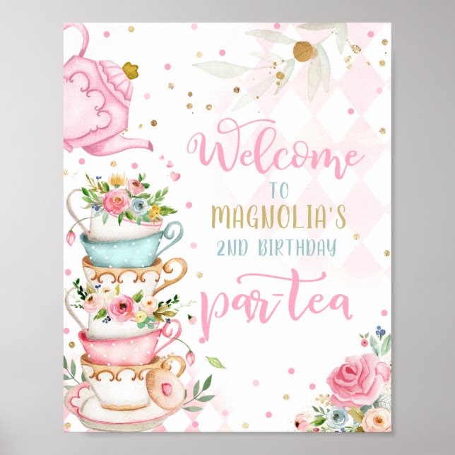 Tea Party Birthday Girl Pink & Gold Floral Par-tea Poster (Front)