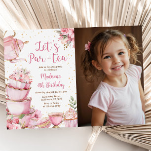 Tea Party Birthday Girl Pink & Gold Floral Photo Invitation