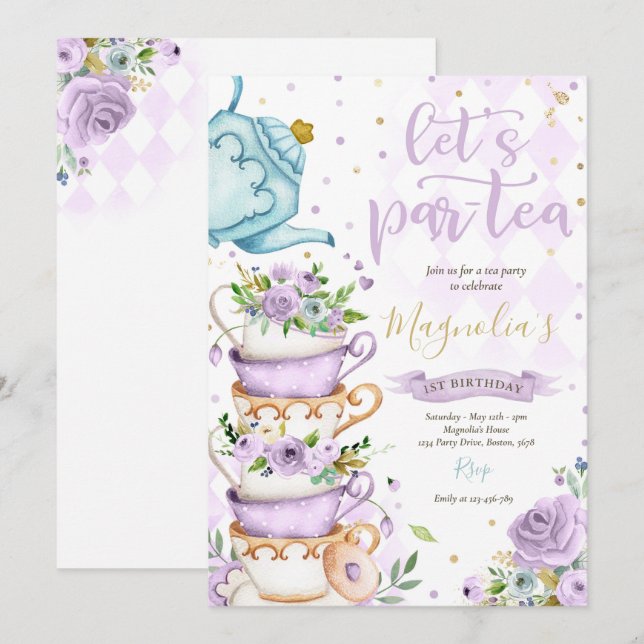 Tea Party Birthday Girl Purple Gold Floral Par-tea Invitation (Front/Back)