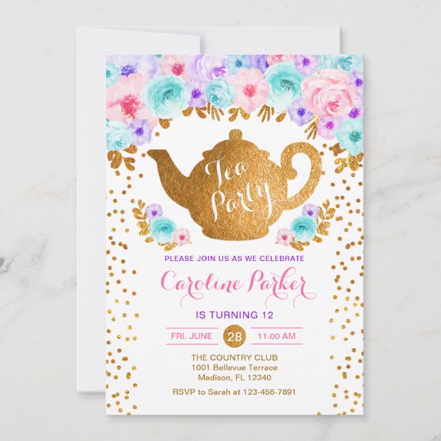 Tea Party Birthday - Gold Pink Teal Purple Invitation (Front)