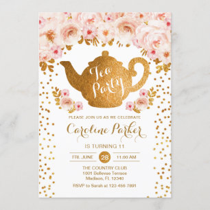 Tea Party Birthday - Gold White Invitation