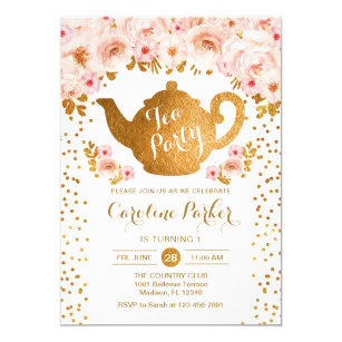 Tea Party Birthday - Gold White Pink Floral Invitation