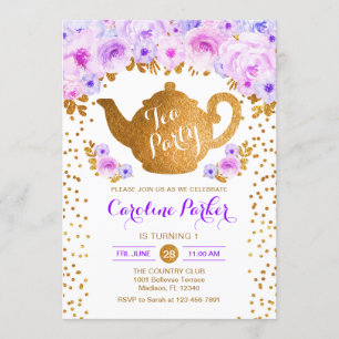 Tea Party Birthday - Gold White Purple Floral Invitation