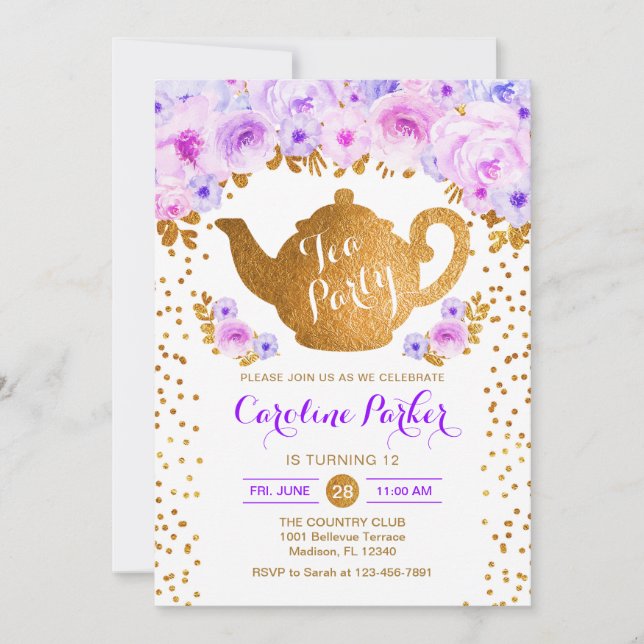 Tea Party Birthday - Gold White Purple Invitation (Front)