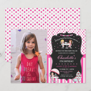 Tea Party Birthday Hot Pink Polka Dots Photo Invitation