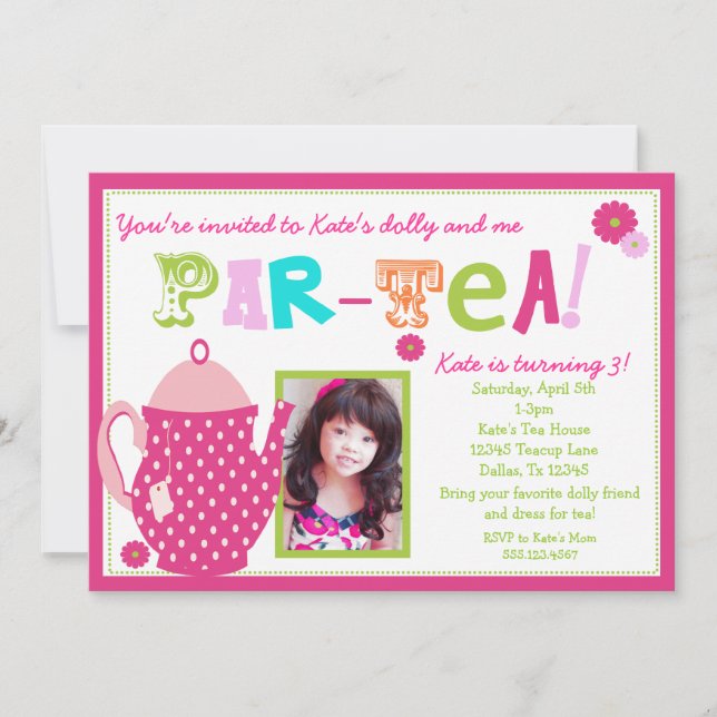 Tea Party Birthday Invitation for Girls with Photo (Front)