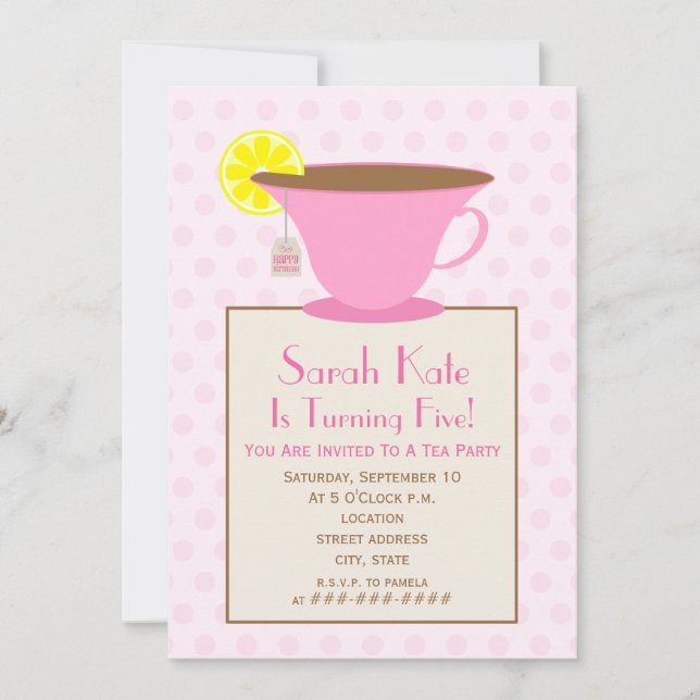 Tea Party Birthday Invitation - Pink (Front)