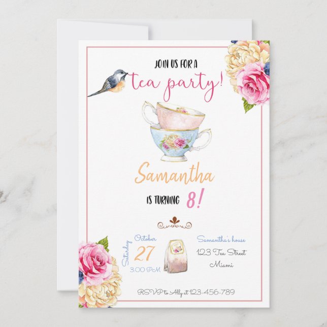 Tea Party Birthday Invitation, Tea Invitation (Front)