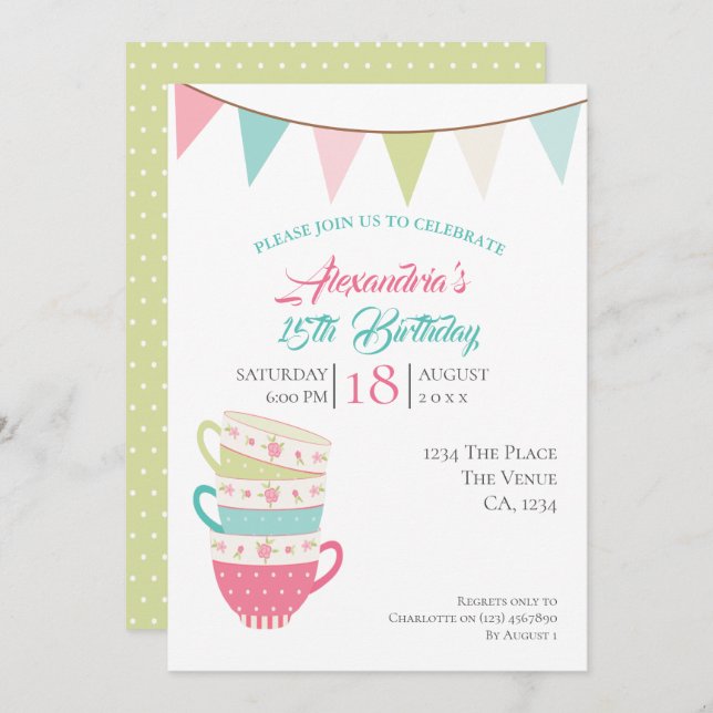 Tea Party Birthday Personalised Colourful Invitation (Front/Back)