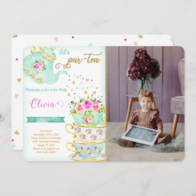 Tea Party Birthday Photo Invitation (Front/Back)