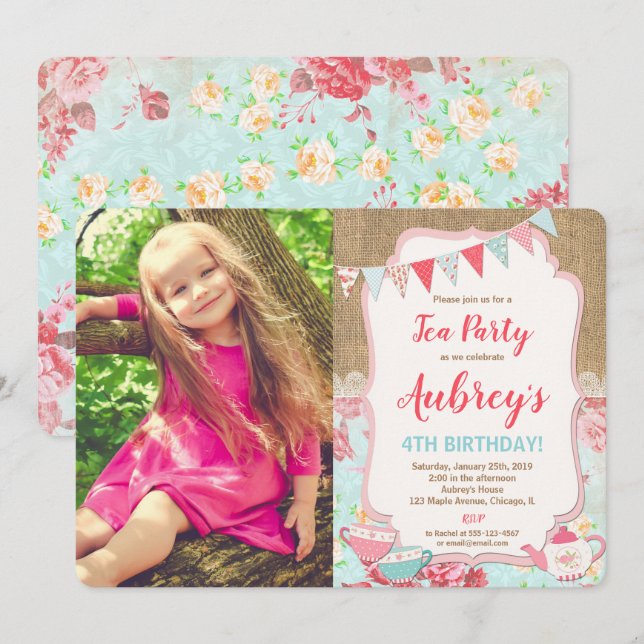 Tea party birthday photo shabby chic burlap girl invitation (Front/Back)