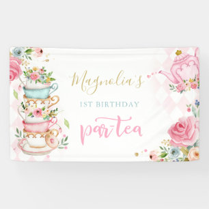 Tea Party Birthday Pink Floral Par-tea Welcome Banner