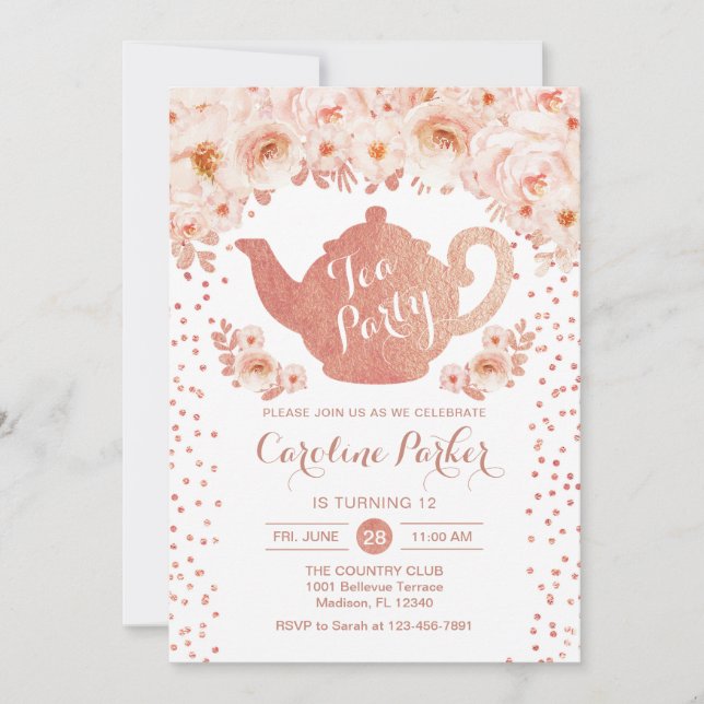 Tea Party Birthday - Rose Gold White Invitation (Front)