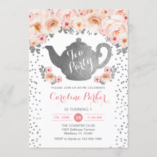 Tea Party Birthday - Silver White Pink Floral Invitation