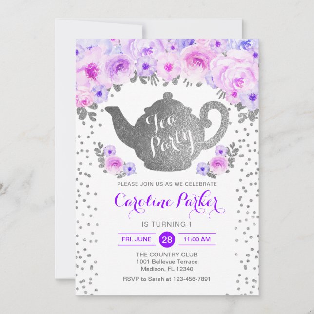 Tea Party Birthday - Silver White Purple Floral Invitation (Front)
