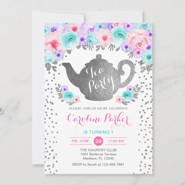Tea Party Birthday - Silver White Teal Pink Purple Invitation (Front)