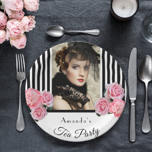 Tea party black white stripes photo paper plate