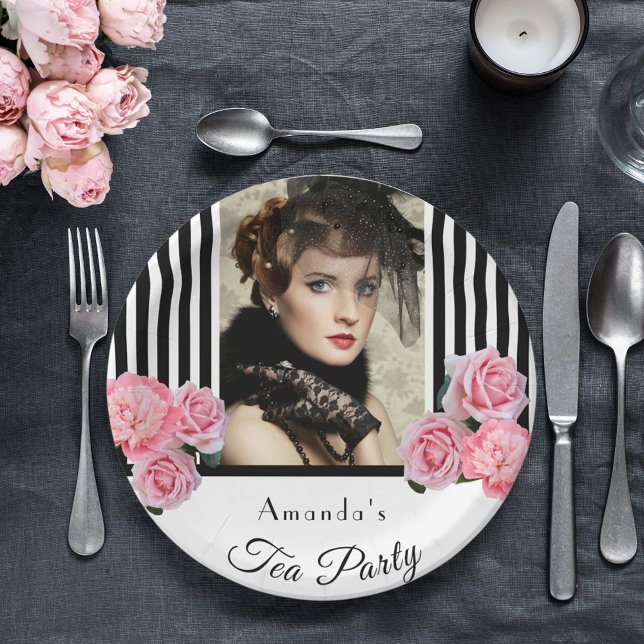 Tea party black white stripes photo paper plate (Creator Uploaded)